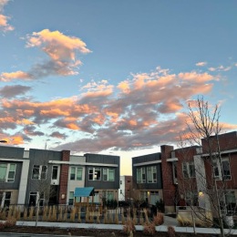 a group of building at dusk