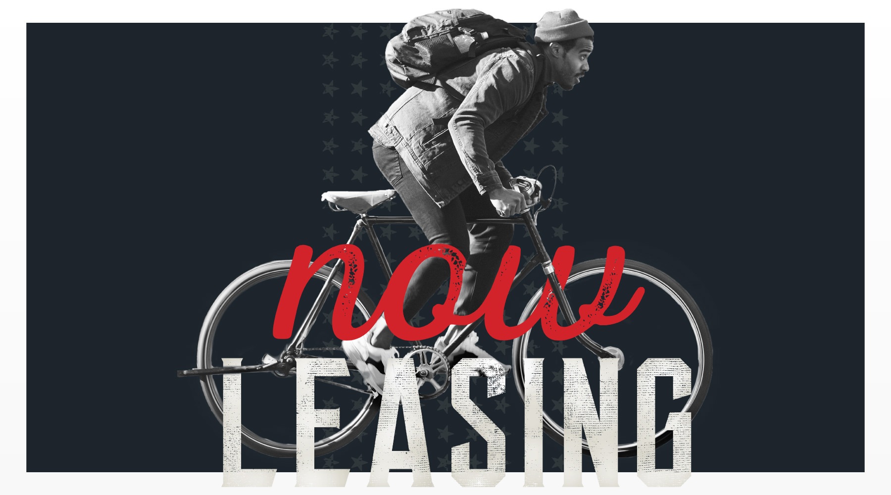 a person riding a bike with a graphic saying now leasing